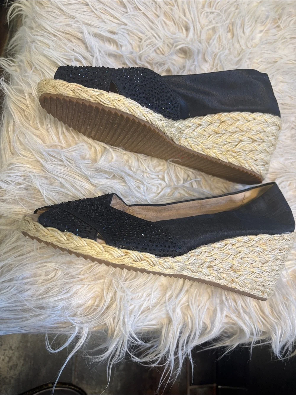 Anne Klein Black Espadrille Peep-Toe Flats with Crystal Accent